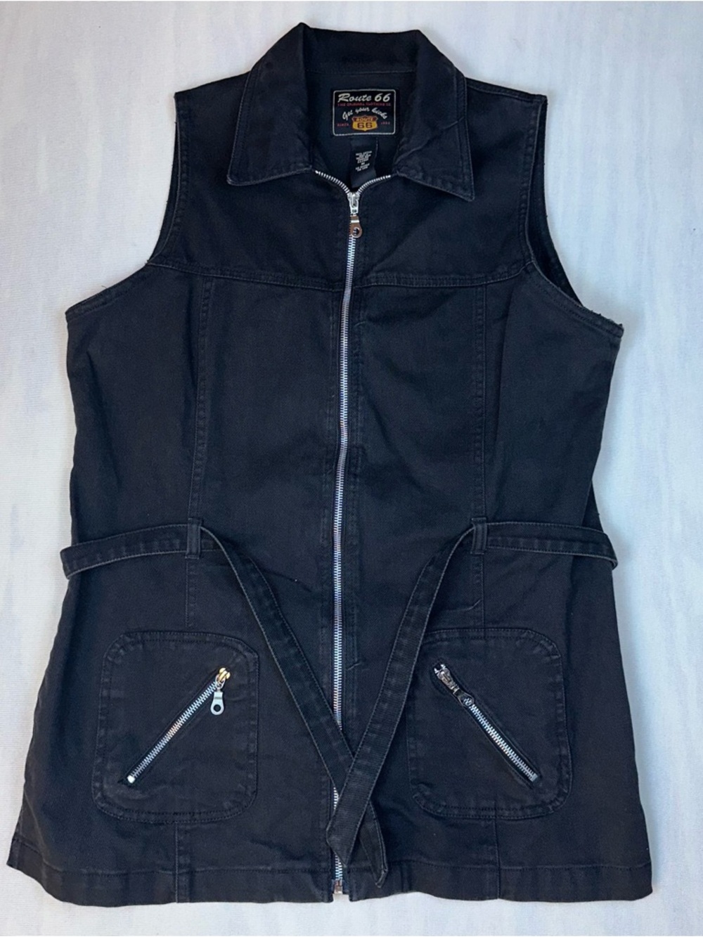 Vtg. Route 66 Black Denim Zip-Up Collared Motorcycle Vest w/ Belt Size: Medium